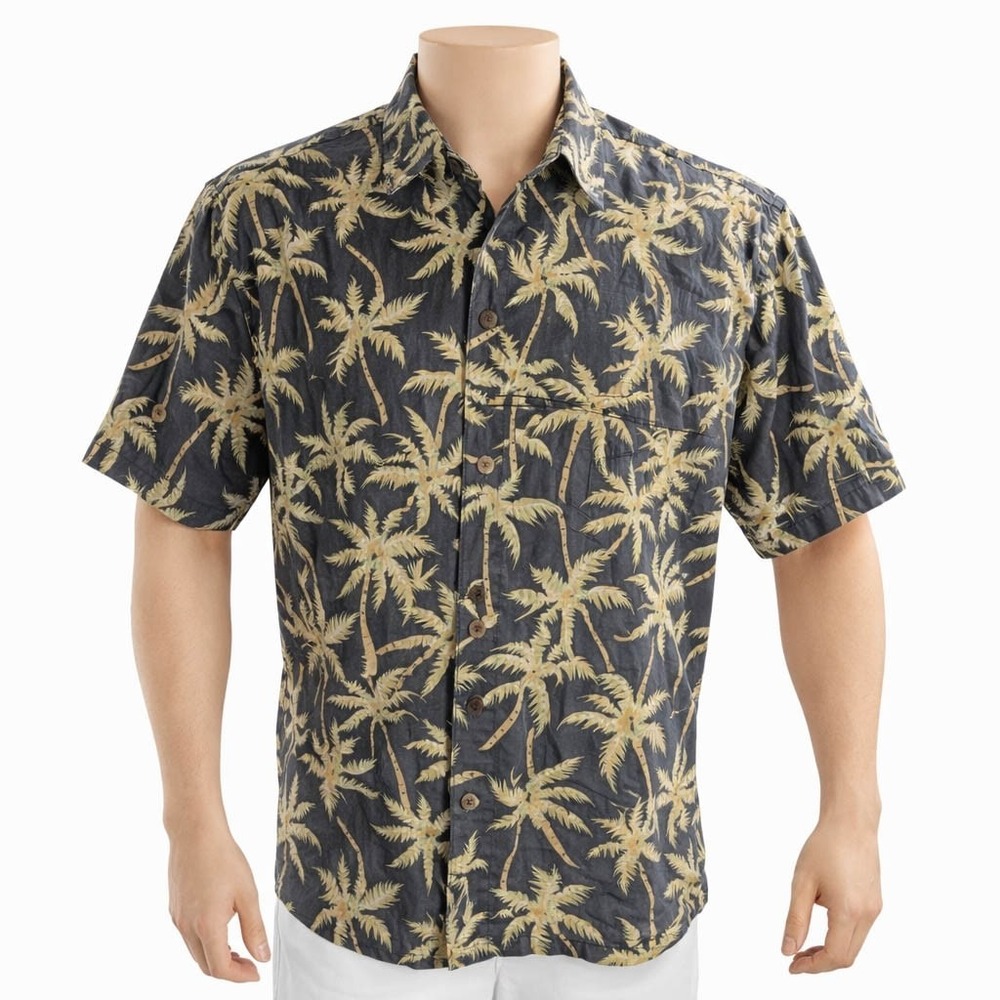 Hilo Hattie Hawaiian Aloha Shirt XL Palm Trees Floral Pale Black Green